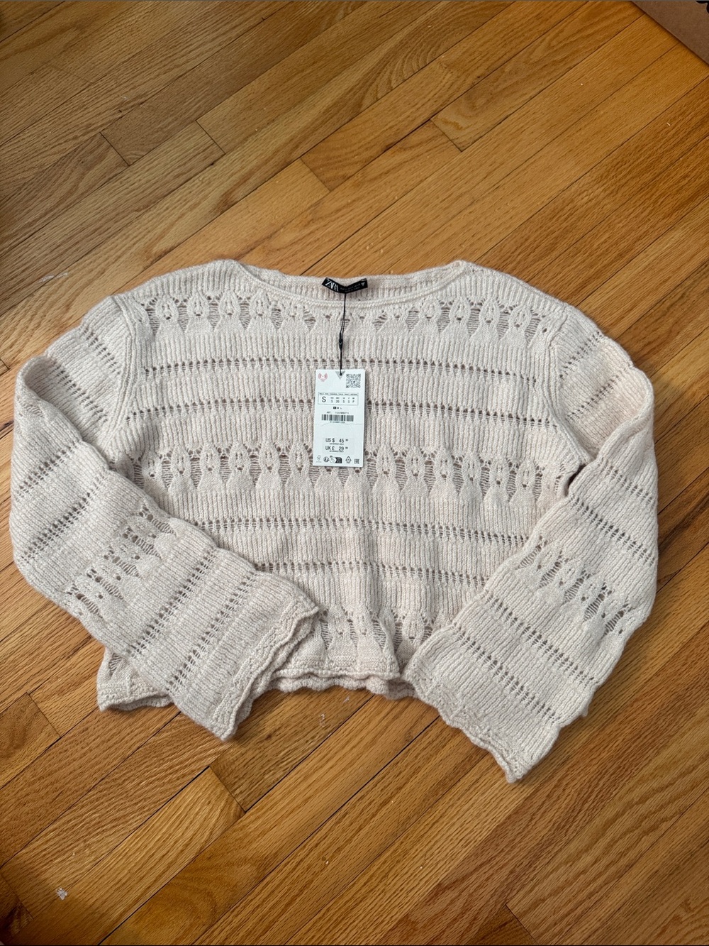 NWT Zara Cream Open-Knit Scoop Neck Sweater
